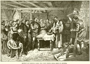 Baptism of Virginia, the First White Child Born in America by English School