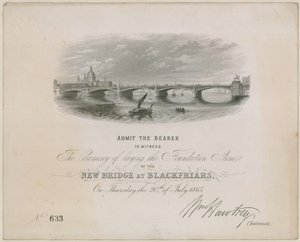 Blackfriars Bridge. Invitation to Ceremony for Laying the Foundation Stone, 20 July 1865 by English School
