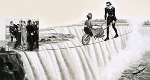 Blondin Pushes a Wheelbarrow Across a Tightrope Over Niagara Falls by English School