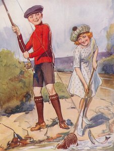 Boy and Girl Catching a Fish by English School