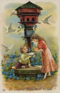 Boy and Girl Sending Christmas Greetings by Dove by English School