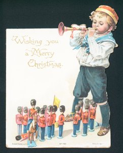 Boy playing with toy soldiers and blowing trumpet by English School