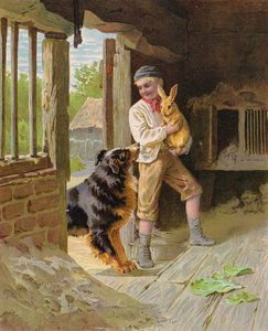Boy with a dog and a rabbit on a farm by English School