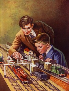 Boys Playing with a Train Set by English School