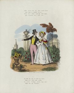 Valentine card with an image of a man and a woman walking in a garden by English School