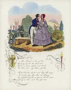 Valentine card with an image of a man and a woman walking in a garden by English School