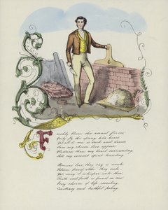 Valentine card with an image of a man building a brick wall by English School