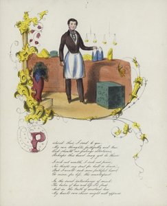 Valentine card with an image of a man standing by a shop counter by English School