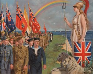British and Empire Military Personnel and Civilians Involved in the War Effort Parading Before Britannia