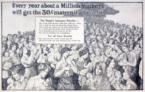 British card promoting maternity benefit paid for by National Insurance introduced by Liberal Chancellor of the Exchequer David Lloyd George by English School