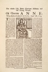 Broadside published on the death of Queen Anne, on Sunday 1st August 1714 by English School
