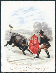 Bull Charging into Red Umbrella by English School