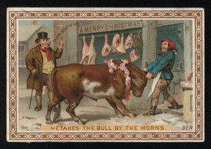 Butcher Pulling a Bull into His Shop, Christmas Greetings Card by English School