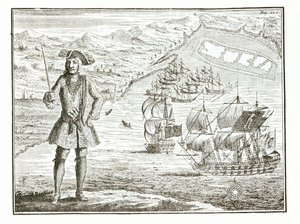 Captain Bartholomew Roberts with two ships, the Royal Fortune and Ranger takes sail in Whydah Road on the coast of Guiney, January 11th 172?, from A General History of the Robberies and Murders of the most Notorious Pyrates by English School