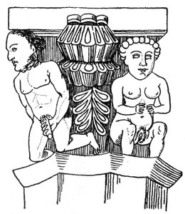 Carved figures of a man and woman displaying their genitals from the capital of a column in a church at Egra