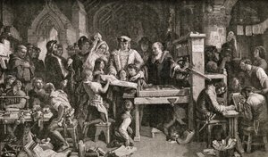 Caxton showing specimens of his printing to King Edward IV at the Almonry in Westminster, 1858 by English School