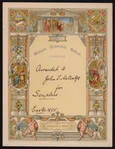 Certificate for Scripture Awarded to a Pupil of Malpas Grammar School, Cheshire by English School