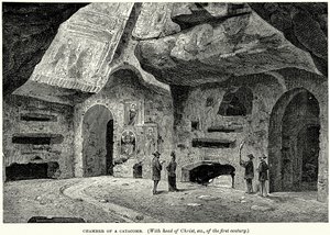 Chamber of a Catacomb (With Head of Christ, etc, of the First Century) by English School