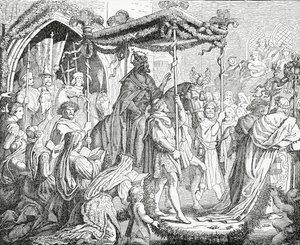 Charles IV, Holy Roman Emperor, visiting Pope Urban V in Avignon in 1365, 1882 by English School