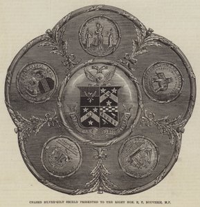 Chased Silver-Gilt Shield presented to the Right Honourable E P Bouverie, MP by English School