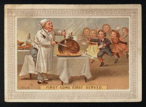 Chef carving up a plum pudding, Christmas greetings card