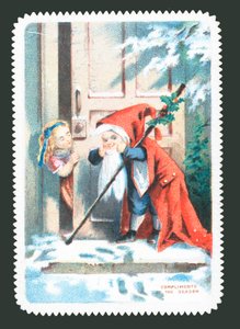 Child dressed as Santa knocking on door by English School