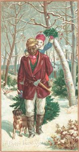Child on mans shoulders collecting mistletoe
