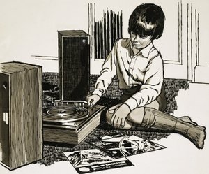 Child playing a record player by English School