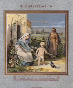 Christmas card: Jesus playing with a dove, watched over by his parents by English School