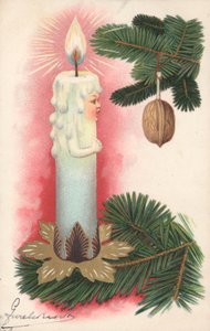 Christmas card with a Christmas tree candle by English School