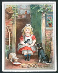 Christmas greetings card with child and pets by English School