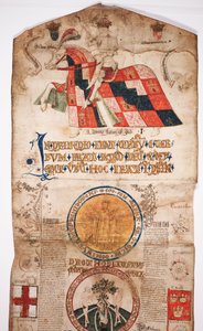 Chronicle of the History of the World from Creation to Woden, with a Genealogy of Edward IV, beginning section with a portrait of Edward IV on horseback, a roundel with God, and another by English School