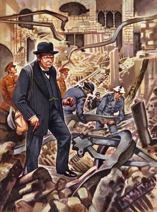 Churchill surveys the damage after a German bomb has destroyed part of the House of Commons by English School