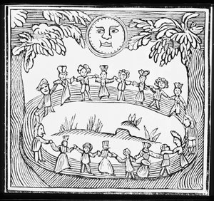 Circle of Witches Dancing Beneath a Full Moon, illustration from a collection of chapbooks on esoterica by English School