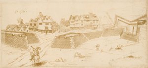 Civil War Fortifications at St Giles in the Fields, London; etched facsimile of a drawing purporting to have been made by Captain John Eyre by English School