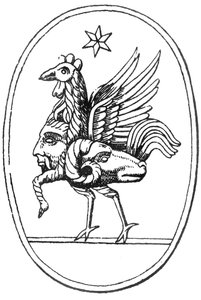 Classical Greek gem in the form of Pan joined to a cock, a ram and the sun