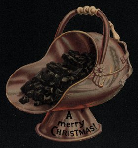 Coal scuttle, Christmas greetings card by English School