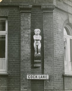 Cock Lane and the Fat Boy, or Golden Boy, statue; photograph by English School