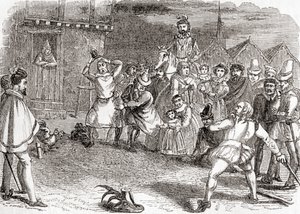 Cock Throwing, aka Cock-Shying or Throwing at Cocks, from Old England: A Pictorial Museum, pub. 1847 by English School