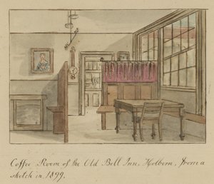 Coffee Room of the Old Bell Inn, Holborn, London, from a sketch in 1899 by English School