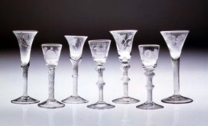 Collection of engraved glasses with opaque and air twist stems