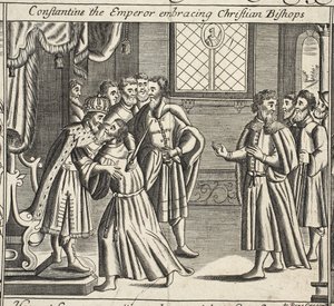 Constantine the Emperor embracing Christian Bishops, illustration from Acts and Monuments by John Foxe, ninth edition, published 1684 by English School