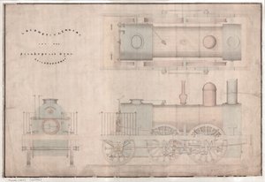 Construction drawing, 0-4-2 locomotive and tender by R. and W. Hawthorn and Co. for the Stanhope and Tyne Railway Co by English School