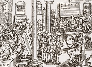 Contemporary woodcut of a Tudor grammar school