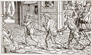 Contemporary woodcut showing a vagrant being whipped through the streets of a town by English School