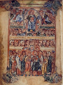 Christ in Majesty surrounded by implements of the Passion, and choirs of angels and prophets, illustration from the 
