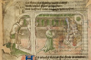 Cotton Tiberius A. VII, f.65v, The House of Idolatry, with the pilgrim entering and a man worshipping a crowned idol