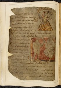 A tree from which balsam grows; a donestre, a beast-headed man, on the left holding a human leg and foot, and a person on the right, illustration from Beowulf, from the 