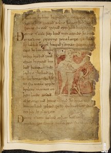 A panotii, i.e. a man with ears projecting on stems, holding an object that looks like a bow, illustration from Beowulf, from the 