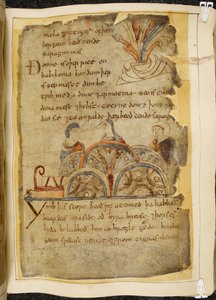A golden vine-tree; three people talking, representing a kindly nation who rule the Red Sea, where the best pearls are found, illustration from Beowulf, from the 